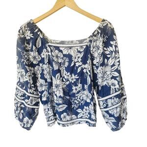 C&C California 100% Linen Navy Blue White Bohemian Beachy Top, Size M